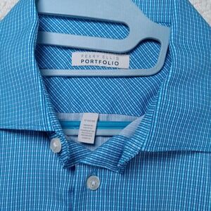 Perry Ellis Portfolio Dress Shirt 17 32/33 Blue Check Long Sleeve Button-Up Mens